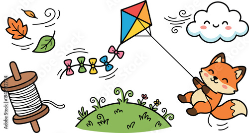 Cute playful fox flying colorful kite with bows on tail smiling cloud windy autumn day vector illustration