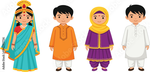 Indian Traditional People Vector Characters Wearing Cultural Clothing with Saree, Kurta, and Ethnic Dress for Festival Design, Education, Diversity, and Cultural Illustration