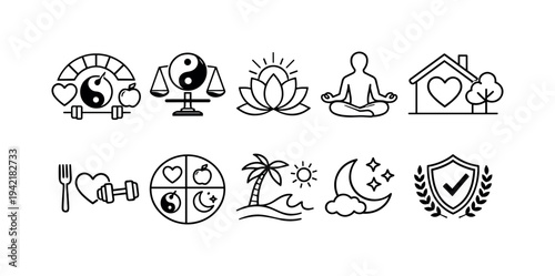 Health and wellness icon set. Fitness, meditation, yoga, balance, nature icons outline series