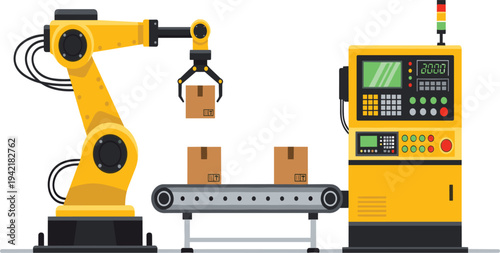 Industrial Robotic Arm with Conveyor Belt and Control Panel Vector Illustration for Factory Automation, Manufacturing Technology, and Smart Industry Production