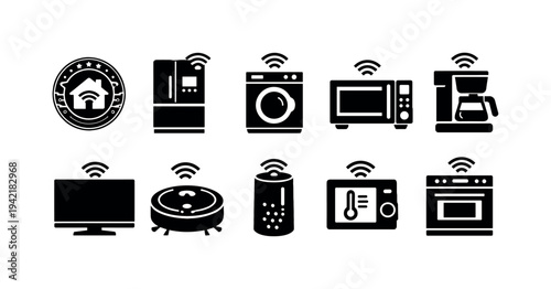 Smart home appliances solid icon set. Kitchen, wifi, connectivity solid style icons