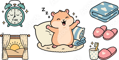 Cute hamster waking up stretching paws near pillow blanket slippers sunrise scene with alarm clock smiling in cozy morning vector art