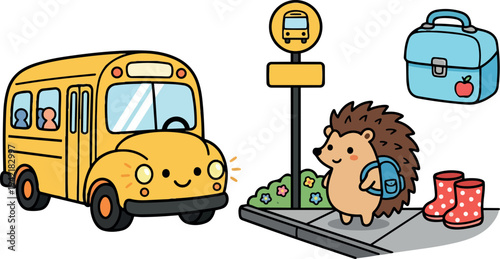 Cute hedgehog with blue backpack standing at school bus stop smiling yellow bus cartoon children inside and lunchbox with red apple