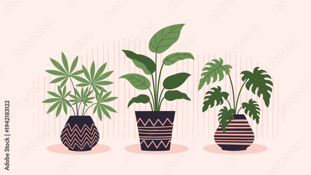 Obraz premium Three different indoor potted plants with green leaves in decorative pots with patterned designs on a soft background setting.
