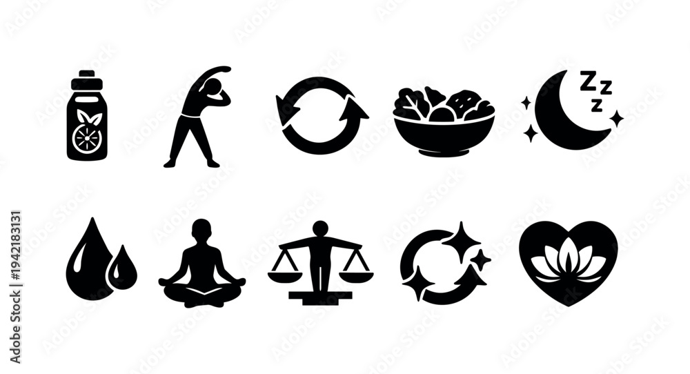 Fototapeta premium Health and wellness solid icon set. Nutrition, fitness, meditation, sleep symbols