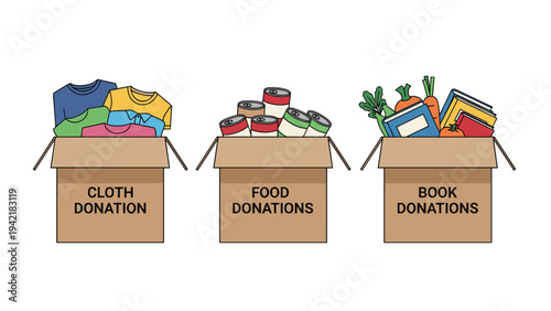 Set of three cardboard donation boxes filled with clothes, canned food, and books for charity and community support events.