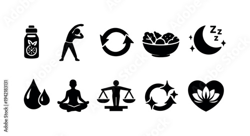Health and wellness solid icon set. Nutrition, fitness, meditation, sleep symbols