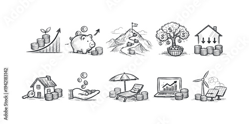 Finance, investment outline icon set. Savings, economy, growth, icons collection