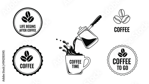 Collection of coffee related labels and icons featuring coffee beans, a kettle pouring coffee, and a coffee cup for cafe logo.