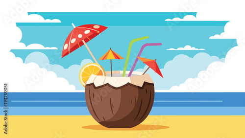 Refreshing tropical coconut cocktail with straws and umbrellas on a sandy beach under a blue sky with clouds for vacation.