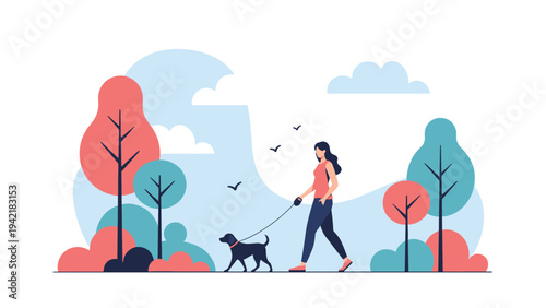 Peaceful illustration of a woman walking her black dog on a leash through a park with colorful trees and clouds in the sky.