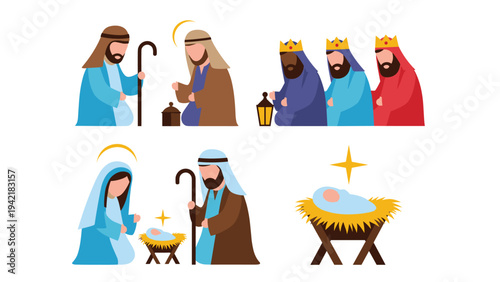 Religious nativity scene character set featuring Mary, Joseph, baby Jesus, the three wise men, and shepherds in a manger stable.
