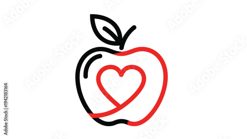 Minimalist line art illustration of a black and red apple with an integrated heart shape representing healthy nutrition and diet.