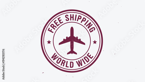 Circular maroon stamp icon for free worldwide shipping featuring a central airplane silhouette and clean typography on a white background.
