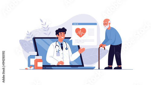 Telemedicine concept illustration showing a young male doctor consulting an elderly patient via a video call on a laptop screen.