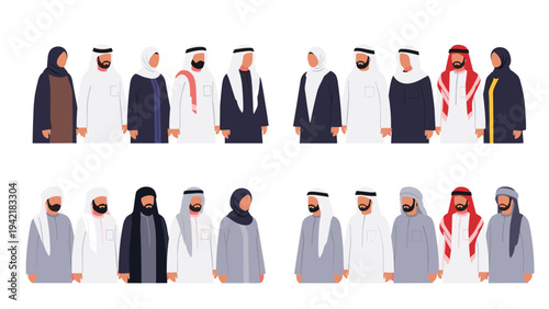 Large group of men and women dressed in traditional Arabic clothing standing together in a formal line on a white background.