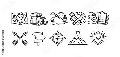 Camping and hiking icon set. Adventure, expedition outline icons collection