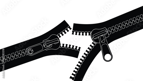 Black and white illustration of two open zippers with sliders isolated on a plain white background for fashion and repair concepts.
