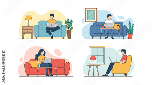 Set of four illustrations showing people working or relaxing on their laptops while sitting on sofas and armchairs at home.
