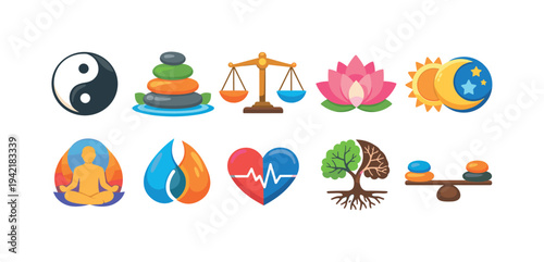Wellness and balance flat icon set. Meditation, yin yang, balance icons flat collection.
