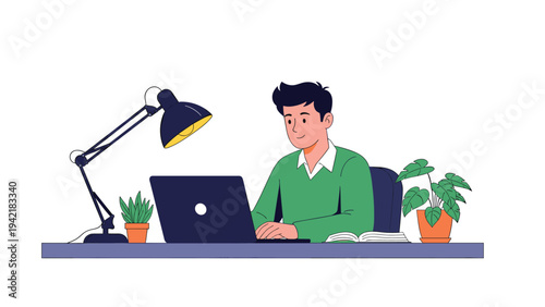 Young man working on a laptop at a desk with a desk lamp and potted plants in a clean minimalist environment.