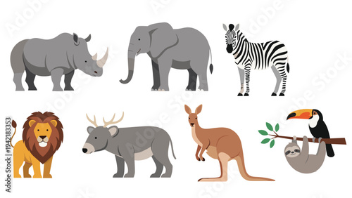 Collection of various wild animals including a rhino elephant zebra lion deer kangaroo sloth and toucan on a white background.