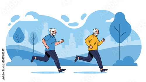 Two elderly men jogging together in a park with a cityscape background to maintain a healthy and active lifestyle in retirement.