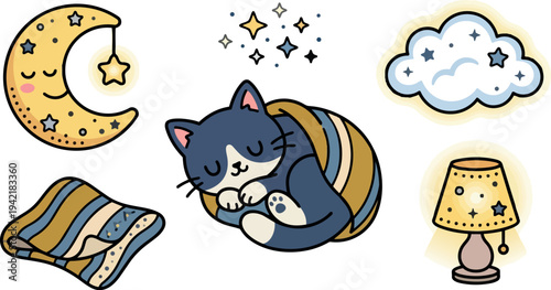 Cute cartoon sleeping cat wrapped in striped blanket under glowing moon lamp with stars and cloud vector illustration