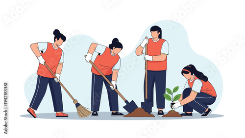 Group of volunteers working together to clean a park and plant new trees to improve the environment and community.