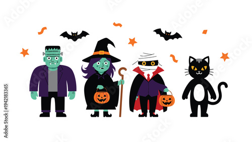 Group of cute cartoon monsters including frankenstein witch mummy and a black cat ready for halloween trick or treating.
