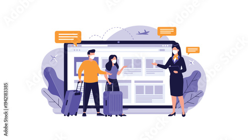 Travel during pandemic concept showing a couple with luggage wearing masks being assisted by a flight attendant near a laptop screen.