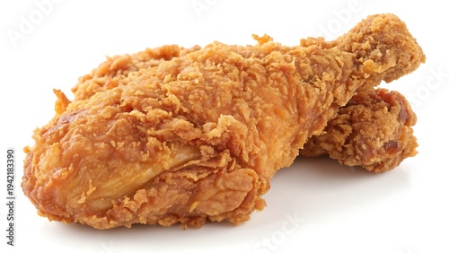 A close up studio shot displays two pieces of golden crispy fried chicken against a stark white background appetizingly