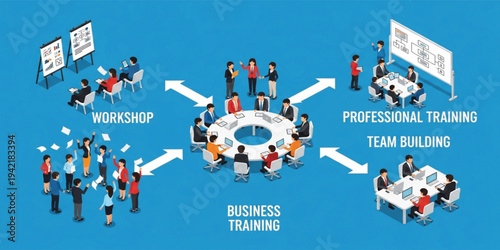 Isometric Corporate Business Training Set with Scenes for Professional Workshops, Team Building, Group Discussions, and Educational Seminars in a Modern Office Environment