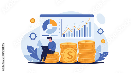 Man sitting on a stack of gold coins while working on his laptop with financial charts and graphs in the background.