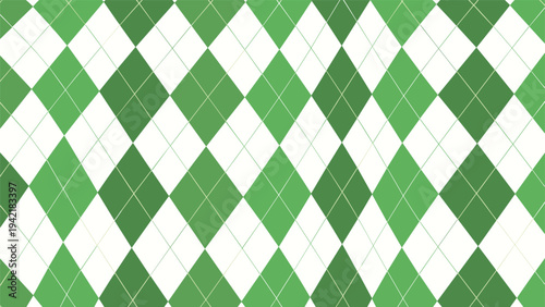 Classic argyle pattern in various shades of green and white with dashed lines for textile and fashion design backgrounds.