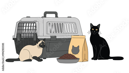 Two domestic cats sitting next to a pet carrier bowl of food and a bag of cat food for travel and pet care concepts.