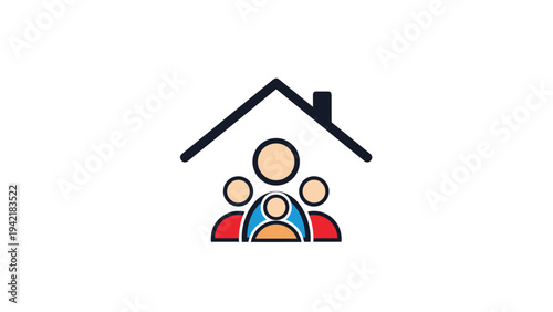 Simple house icon with a family silhouette inside representing home safety protection and residential property concepts.