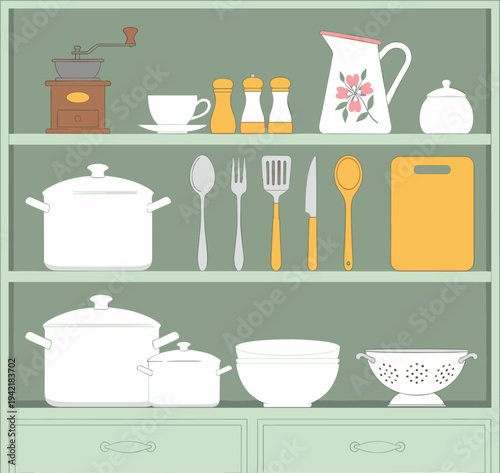 Vector Illustration of Kitchenware on Green Shelves Featuring Pots Pans Cutlery Coffee Grinder and Ceramic Dishes for Home Cooking and Interior Kitchen Decor Projects (24 words)