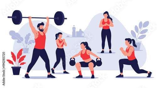 Group of people exercising in a gym with various equipment including weights and kettlebells for fitness and health goals.