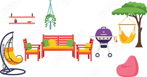 Set of Outdoor Patio Furniture Vector Icons Including Garden BBQ Grill Hammock Hanging Egg Chair Wooden Bench and Plants for Backyard Summer Relaxation Design