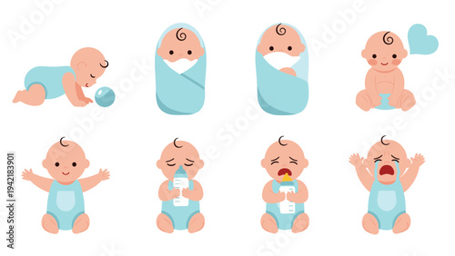 Set of cute baby illustrations shows infant in different poses and expressions including crawling, crying, and drinking from bottle.