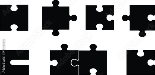 Jigsaw Puzzle Pieces Silhouette Set with Interlocking Shapes for Game Design, Problem Solving Concepts, Teamwork Symbols, and Abstract Connection Vector Elements