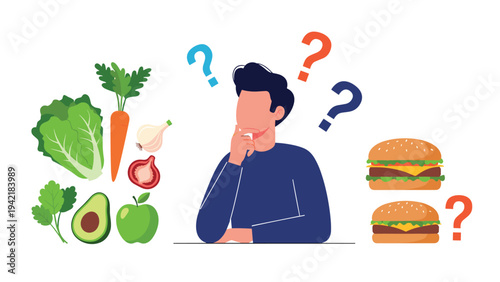 Thinking man faces dilemma choosing between healthy vegetables and fruits on left side versus greasy burgers on right side of image.