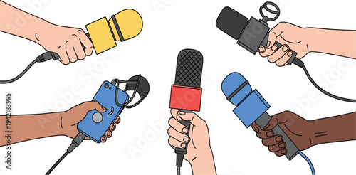 Journalists Holding Microphones for Press Interview Illustration with Reporters Asking Questions Media Conference Concept Vector for News, Broadcasting, and Journalism Design