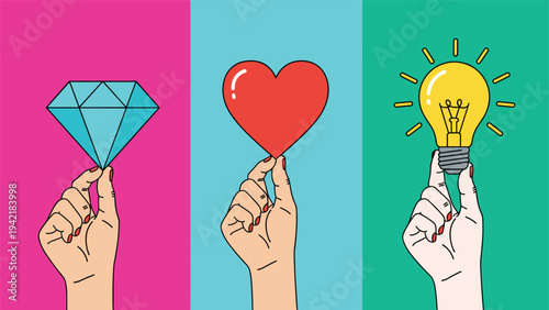 Three hands holding up symbols of wealth, love, and creativity represented by blue diamond, red heart, and glowing yellow light bulb.