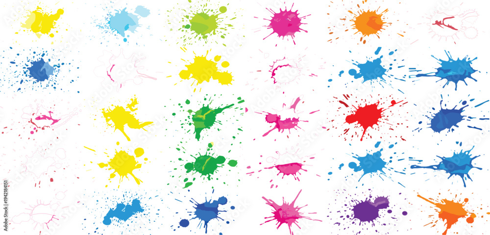 Obraz premium Colorful Paint Splatter Collection with Bright Ink Splash Blots and Abstract Grunge Stains Vector Illustration Set