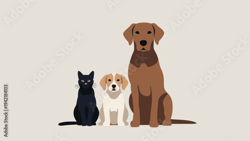 Three pets including black cat, small beige puppy, and large brown dog sit together in calm row against neutral beige background.