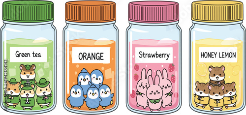 Kawaii Animal Fruit Tea Jar Vector Set with Cute Hamsters, Penguins, and Bunnies in Green Tea, Orange, Strawberry, and Honey Lemon Drinks