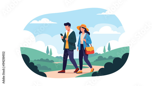Young couple enjoys nature walk through rolling green hills and clouds while man looks at his smartphone and woman carries bag.