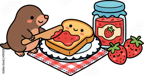 Cute smiling mole spreading red strawberry jam on happy toast slice with jar and fresh berries on checkered napkin vector art
